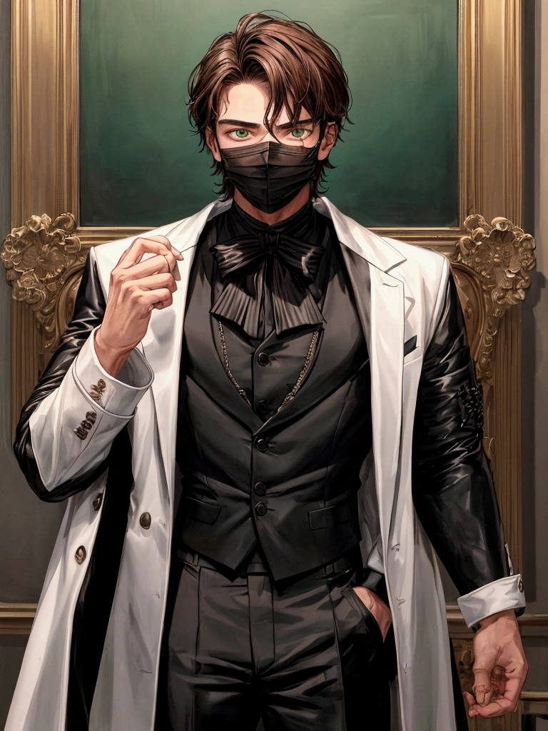 masterpiece, best quality, portrait, solo, 1man, the man is of medium height, the man is of medium height, muscular man, about 20 years old, black clothes, jacket, white shirt under the jacket. There are threads in his hands, a mask on his face hiding half of his face, a puppeteer, brown hair, green eyes