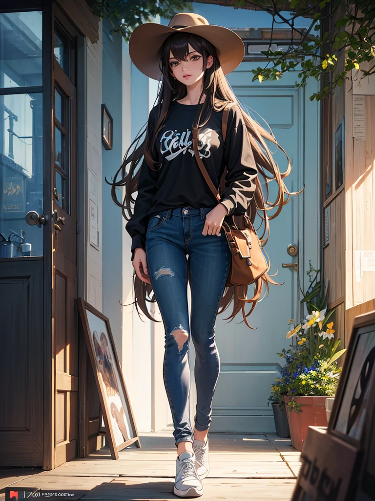 1 thin young woman, long loose straight brown hair, beautiful detailed eyes, beautiful detailed lips, extremely detailed eyes and face, longeyelashes, wearing a long sleeve brown shirt under a teal blue t-shirt, jeans, sneakers, worn brown bucket hat, carrying a gray staff, photo, digital art, concept art, portrait, photo realism, cinematic lighting, dramatic shadows, vivid colors, high contrast, detailed texture, (best quality,4k,8k,highres,masterpiece:1.2),ultra-detailed,(realistic,photorealistic,photo-realistic:1.37),studio lighting,ultra-fine painting,sharp focus,physically-based rendering,extreme detail description,professional,vivid colors,bokeh