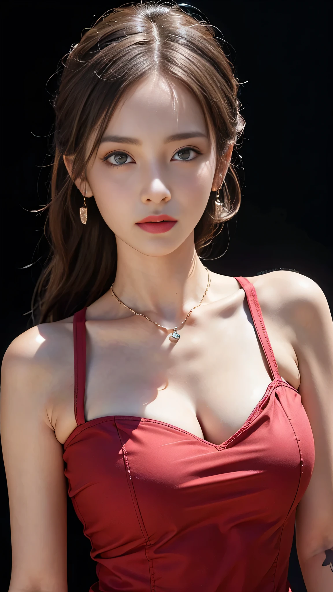 ((masterpiece:1.4)、(Highest quality:1.4)、(Realistic:1.7))、Masterpiece:1.4、Pretty Girl 0.3、(1 Girl:1.4)、pretty girl、(Portrait Photography:1.4)、(Close-up photo:1.7)、(An outfit that emphasizes beautiful breasts:1.4)、Sharp focus:1.5、Detailed eyes、double eyelid、{Long Hair}、Beautiful woman with perfect figure:1.4、Perfect proportions:1.4、(Anatomically correct body shape:1.4)、well-proportioned and beautiful udder:1.2、Upper body photo shoot:1.2、Beautiful expression、Resistance、Dark Background、ponytail、Nikon SLR D6、Natural light、Lighting technology that creates beautiful expressions、Ideal lighting、RAW Photos、Red lips、Beautiful face with long face、choker:1.4、necklace:1.4、Earrings:1.4、1 Screen Display
