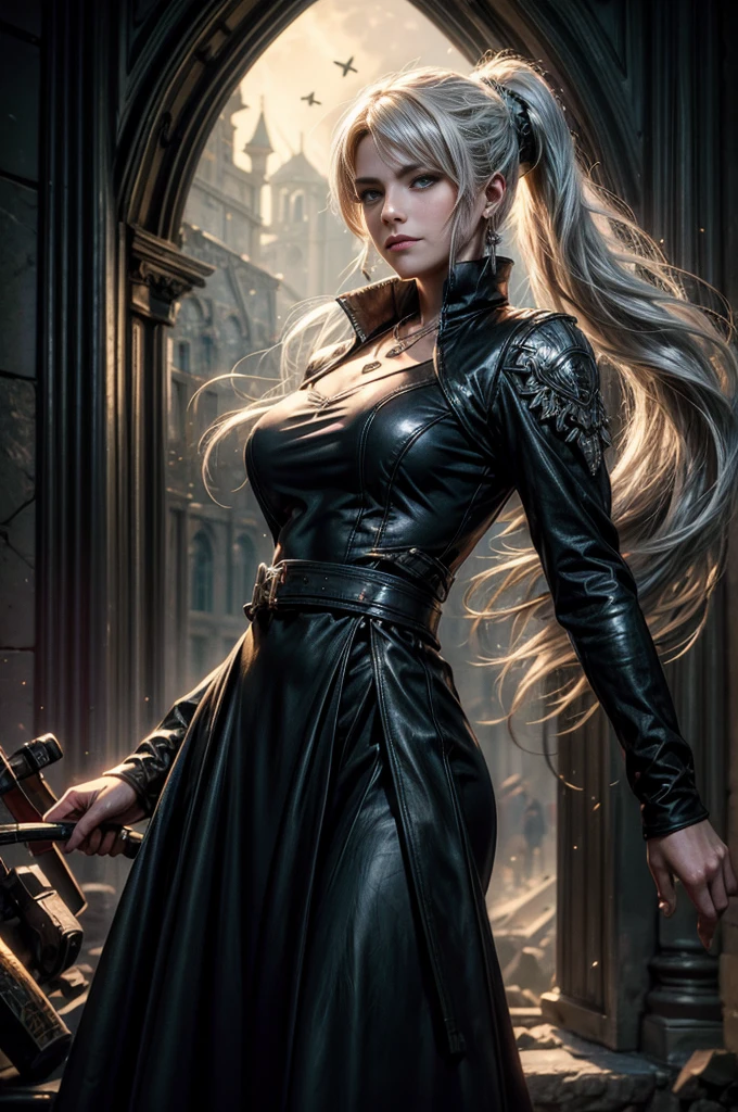 (masterpiece, best quality:1.2), cowboy shot, dynamic pose, weissvale, smile, closed mouth, looking at viewer, long white hair, side ponytail, scar above eye, scar below eye, black dress, jewelry, necklace, earrings, future_urban, indoors, standing inside old church ruins, night, stars, moon, crowd, crowd wearing military uniform, (volumetric lighting), intricate details, tonemapping, sharp focus, hyper detailed