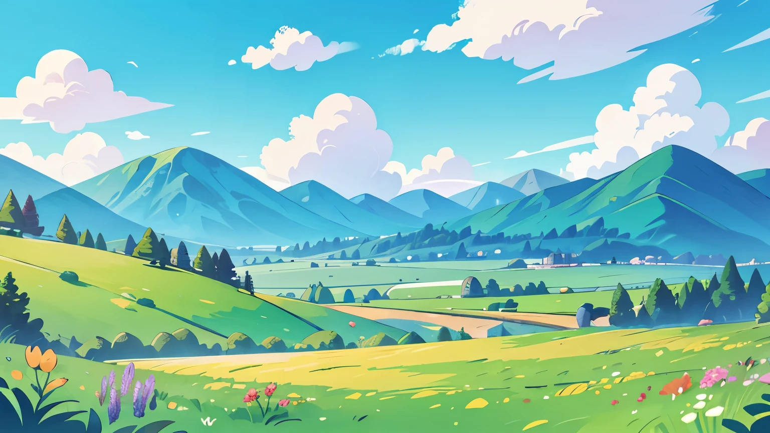 pasture fields, cartoon and beautiful rolling mountains , blue sky, cartoon-like.vibrant and bold colors