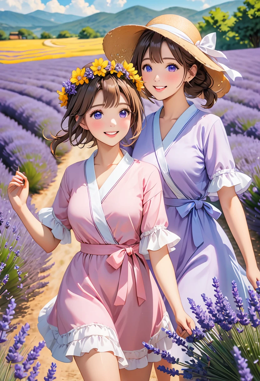 Highest quality、High resolution、Detailed Background、Beautiful face in every detail、Detailed eyes、age beauty、Highly detailed face、Huge breasts、Perfect body line、Light color hair、Braided bob cut、Braided Ponytail、cute髪型、cute仕草、Natural beauty、Fun atmosphere、
A girl and her friend are running hand in hand through a vast lavender field.、
Purple Flower々Surrounded by them, the two of them are smiling happily.、
They have fun collecting lavender flowers to make flower crowns and bouquets to give to their families.、
The two of us are exploring the lavender swaying in the gentle breeze.、
They take photos of each other while enjoying the scent of flowers.、
The girls were engrossed in playing in the fairy-tale-like lavender fields.、I can tell that they are really enjoying themselves.、
A bright scene that captures the joy of playing to your heart's content in nature and spending time with friends.、cute