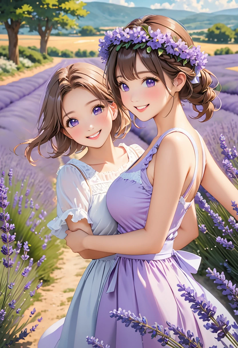 Highest quality、High resolution、Detailed Background、Beautiful face in every detail、Detailed eyes、age beauty、Highly detailed face、Huge breasts、Perfect body line、Light color hair、Braided bob cut、Braided Ponytail、cute髪型、cute仕草、Natural beauty、Fun atmosphere、
A girl and her friend are running hand in hand through a vast lavender field.、
Purple Flower々Surrounded by them, the two of them are smiling happily.、
They have fun collecting lavender flowers to make flower crowns and bouquets to give to their families.、
The two of us are exploring the lavender swaying in the gentle breeze.、
They take photos of each other while enjoying the scent of flowers.、
The girls were engrossed in playing in the fairy-tale-like lavender fields.、I can tell that they are really enjoying themselves.、
A bright scene that captures the joy of playing to your heart's content in nature and spending time with friends.、cute