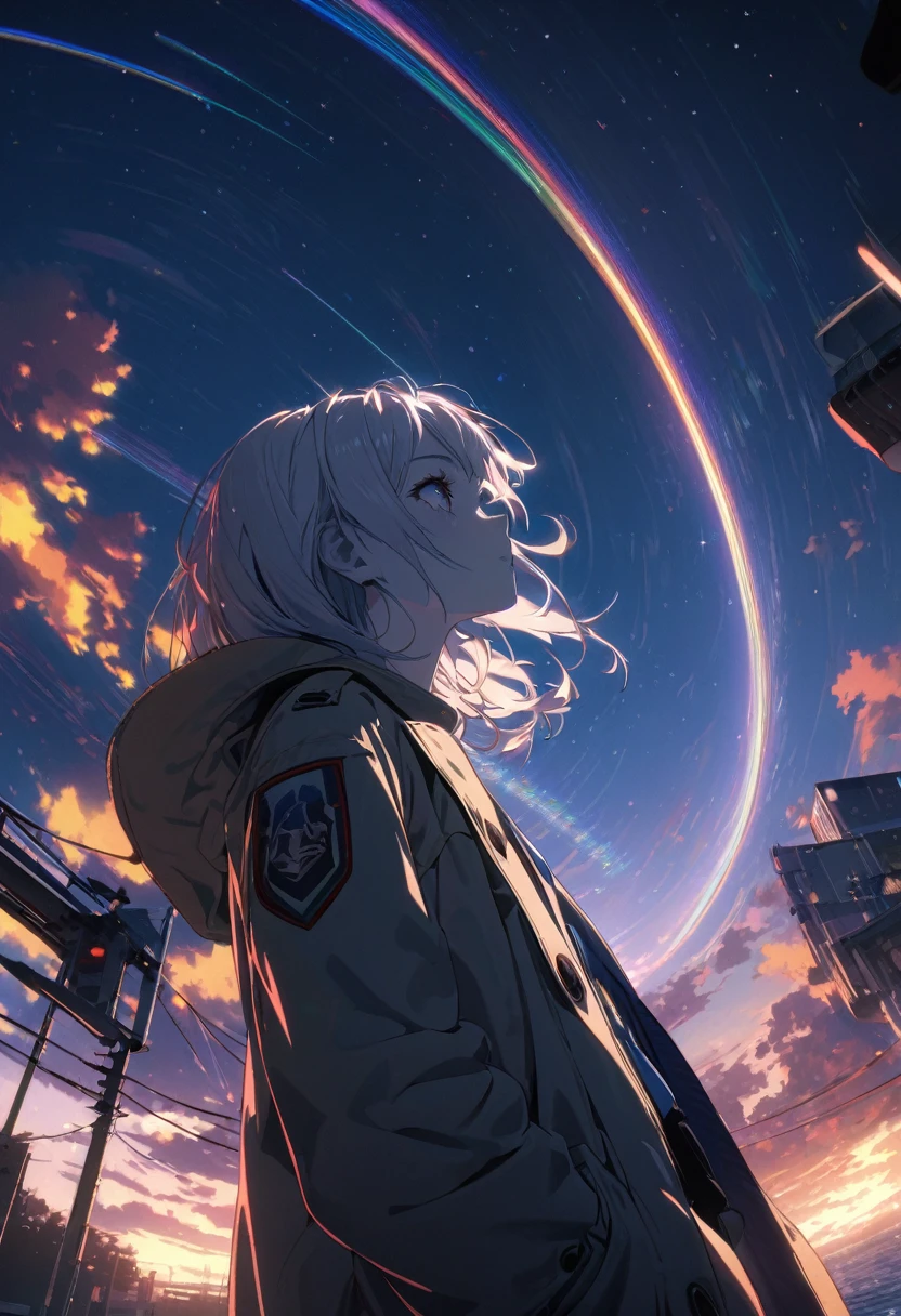 Angelic, detailed woman, Starry Sky, shooting star , horizon, In the sky, city , Lens flare, colorful,coat, Put your hands in your pockets,(student, 18-year-old, ＪＫ, Her short silver hair sways, Pale skin,) Look up at the sky, Beautiful sky, The scenery is beautiful., 広いLook up at the sky, Colorful summer flowers are blooming everywhere., I see the wind blowing and shining, In the skyは正午の月と正午の星がある,From below, break ,quality(8k,非常に精細なCGユニットのwallpaper, masterpiece,High resolution,top-quality,top-quality real texture skin,Surreal,Increase the resolution,RAW Photos,最高quality,Very detailed,wallpaper,Cinema Lighting,Ray Tracing,Golden Ratio),Have a long-term perspective
