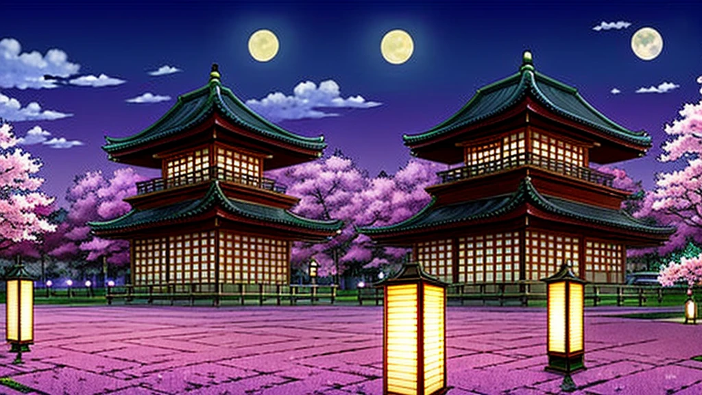 Japanese style,Japanese cityscape,night,Emotional,Lantern,cherry blossoms,full moon,shrine,high resolution,beautiful