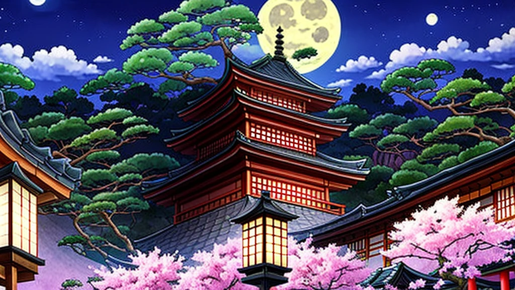 Japanese style,Japanese cityscape,night,Emotional,Lantern,cherry blossoms,full moon,shrine,high resolution,beautiful