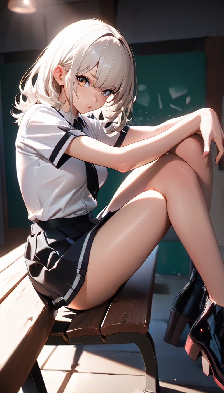 NSFW,((masterpiece,Highest quality)),Perfect hands,Perfect Legs,Anime girl sitting on a bench with her legs crossed, hyperRealistic , a hyperRealistic , Realistic , Anime girl crouching, Ilya Kuvshinov. 4k yen, Fully clothed. Sexy Painting, Best anime 4k konachan wallpaper, high school girl, Danganronpa digital art, Beautiful anime girl crouching,golden,