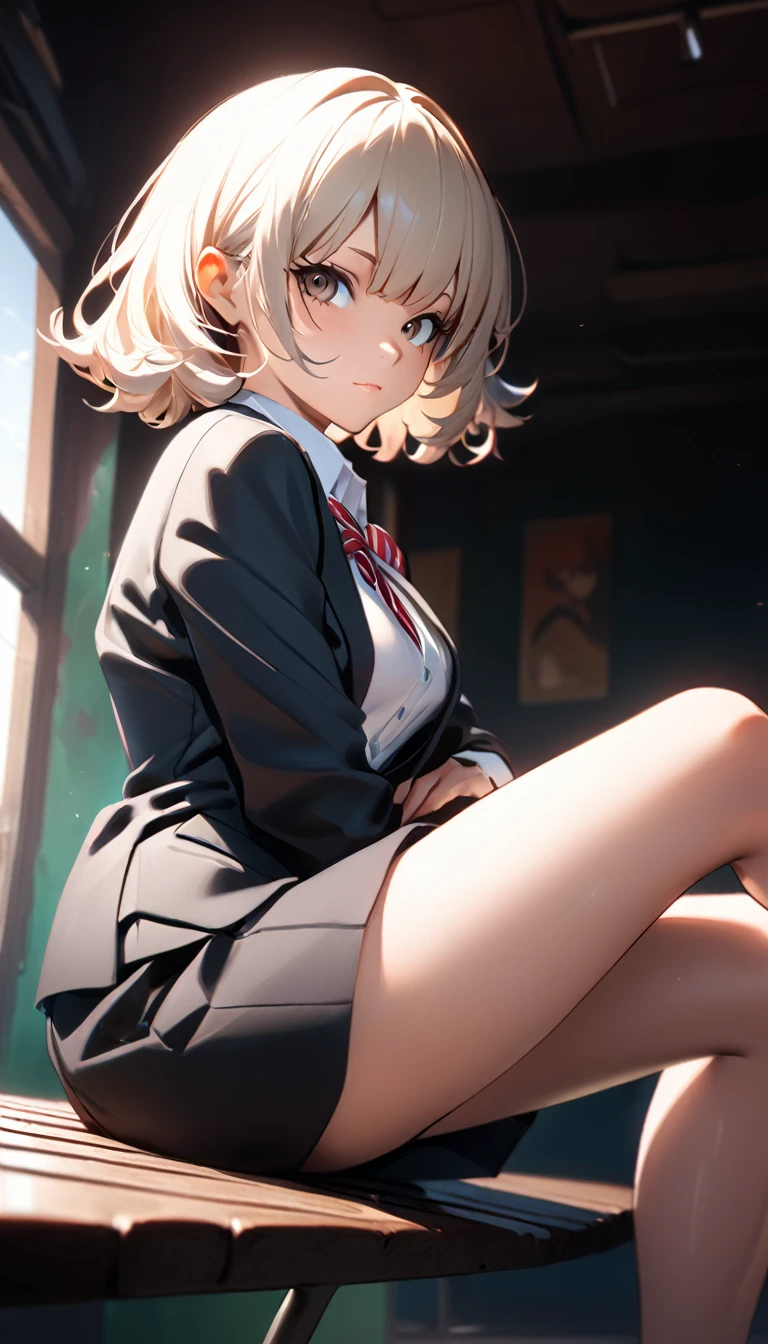 NSFW,((masterpiece,Highest quality)),Perfect hands,Perfect Legs,Anime girl sitting on a bench with her legs crossed, hyperRealistic , a hyperRealistic , Realistic , Anime girl crouching, Ilya Kuvshinov. 4k yen, Fully clothed. Sexy Painting, Best anime 4k konachan wallpaper, high school girl, Danganronpa digital art, Beautiful anime girl crouching,golden,