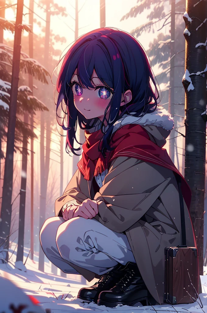aihoshino, Ai Hoshino, Long Hair, bangs, (Purple eyes:1.1), Purple Hair, (Symbol-shaped pupil:1.5), smile,,smile,blush,white breath,
Open your mouth,snow,Ground bonfire, Outdoor, boots, snowing, From the side, wood, suitcase, Cape, Blurred, , forest, White handbag, nature,  Squat, Mouth closed, Cape, winter, Written boundary depth, Black shoes, red Cape break looking at viewer, Upper Body, whole body, break Outdoor, forest, nature, break (masterpiece:1.2), Highest quality, High resolution, unity 8k wallpaper, (shape:0.8), (Beautiful and beautiful eyes:1.6), Highly detailed face, Perfect lighting, Highly detailed CG, (Perfect hands, Perfect ???????),