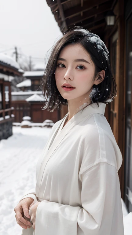 A beautiful woman, kimono that does not expose much of her skin.,(((In the moonlight of a blizzard, a woman looking good in a kimono with Japanese pattern,Floral scrunchie.))),Full-body photography from the ceiling,best image quality,professional angle of view,Exceptional detail,Super high resolution,realistic:1.4),high detail,focus on details,1girl concentrated in high concentration,long hair,delicate and beautiful face,The best smile with raised eyebrows and corners of the mouth,((glowing glass eyes)),
