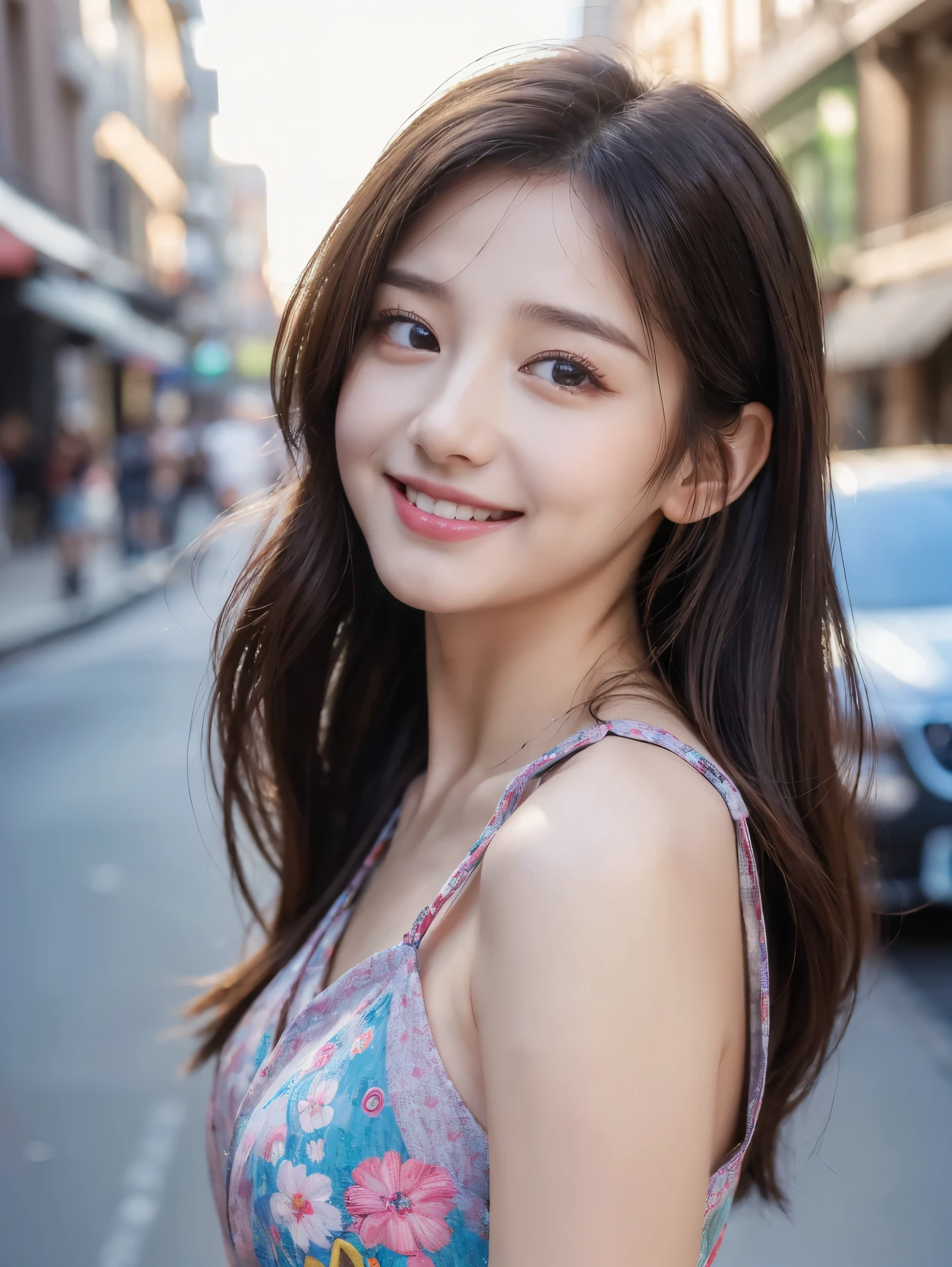 ((Highest quality、8k、masterpiece:1.4))、1 girl、smile、whole body、Small face、Beautiful woman、(Dark brown long hair)、Colorful short dresses:1.2、Ultra detailed face、Delicate eyes、double eyelid、Blurred Background、Small face、City、external、street、Random body orientation、