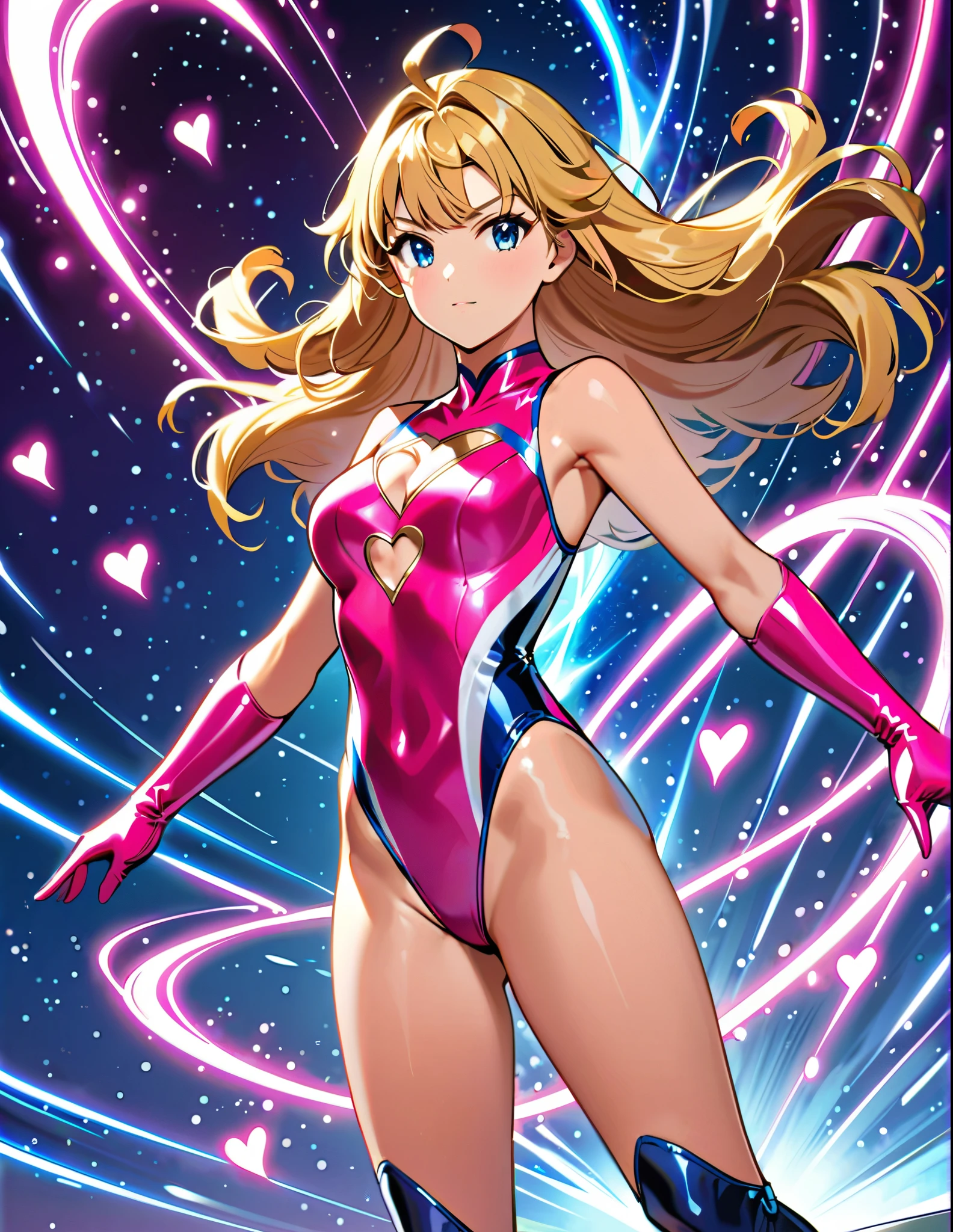 (masterpiece), (best quality), (high res), 1girl, solo, solo focus, superhero, gymnast leotard, competition swimsuit, bare legs, matching boots, sleeveless, looking at viewer, perfect hands, perfect eyes, perfect leotard, perfect legs, perfect arms, perfect fingers, medium breasts, pink leotard, (blonde hair), long hair, knee boots, blue eyes, ((heart cutout)), cute face, hair down, bangs, ahoge, sleeveless, pink gloves, pink footwear, (cleavage cutout, serious, full body with costume, cowboy shot, space backdrop. (T-pose, legs together). (spins fast in place like a tornado, whirls fast in place like a tornado, tornado whirling, spiral lines around her, spinning energy pulse around her, storm winds around her, whirls into a tornado, (she whirls) in (super speeds)). full body costume design. curved sword slash. she super-spins. time travel, time warp.