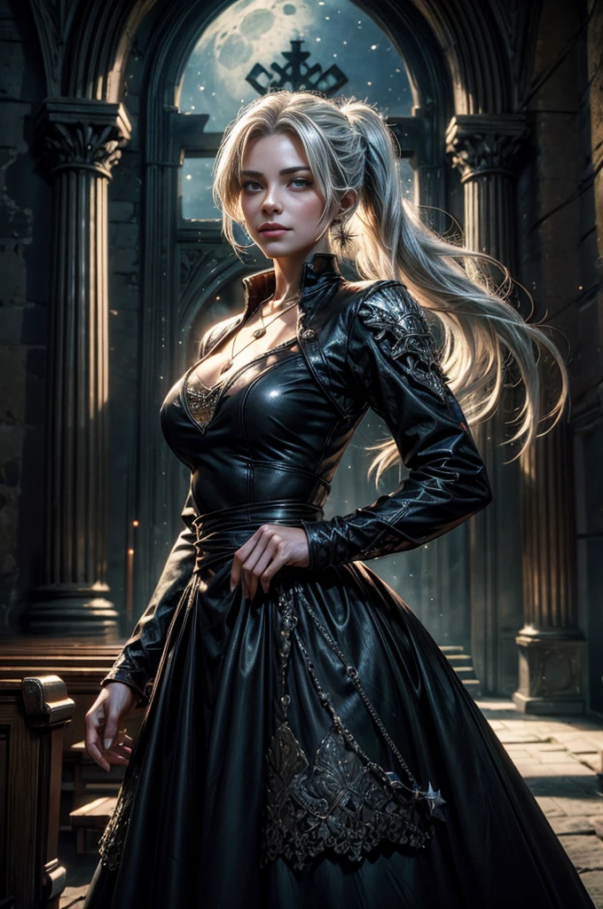 (masterpiece, best quality:1.2), cowboy shot, weissvale, smile, closed mouth, looking at viewer, long white hair, side ponytail, scar above eye, scar below eye, military dress, jewelry, necklace, earrings, future_urban, standing outside, ornate palace, men and women in military uniforms, arch, pillars, (volumetric lighting), intricate details, tonemapping, sharp focus, hyper detailed
