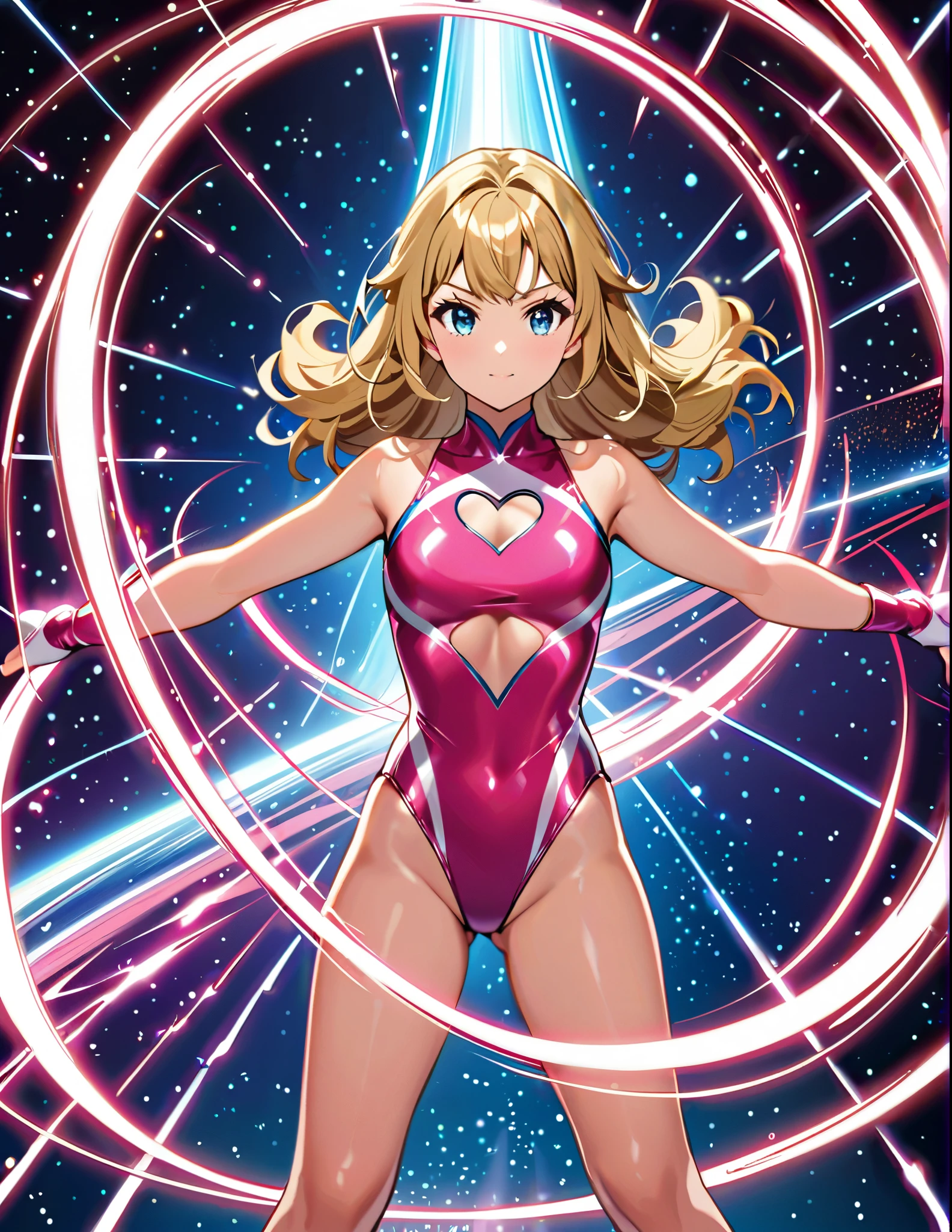 (masterpiece), (best quality), (high res), 1girl, solo, solo focus, superhero, gymnast leotard, competition swimsuit, bare legs, matching boots, sleeveless, looking at viewer, perfect hands, perfect eyes, perfect leotard, perfect legs, perfect arms, perfect fingers, medium breasts, pink leotard, (blonde hair), long hair, knee boots, blue eyes, ((heart cutout)), cute face, hair down, bangs, ahoge, sleeveless, pink gloves, pink footwear, (cleavage cutout, serious, full body with costume, cowboy shot, space backdrop. (T-pose, legs together). (spins fast in place like a tornado, whirls fast in place like a tornado, tornado whirling, spiral lines around her, spinning energy pulse around her, storm winds around her, whirls into a tornado, (she whirls) in (super speeds)). full body costume design. curved sword slash. she super-spins. time travel, time warp.