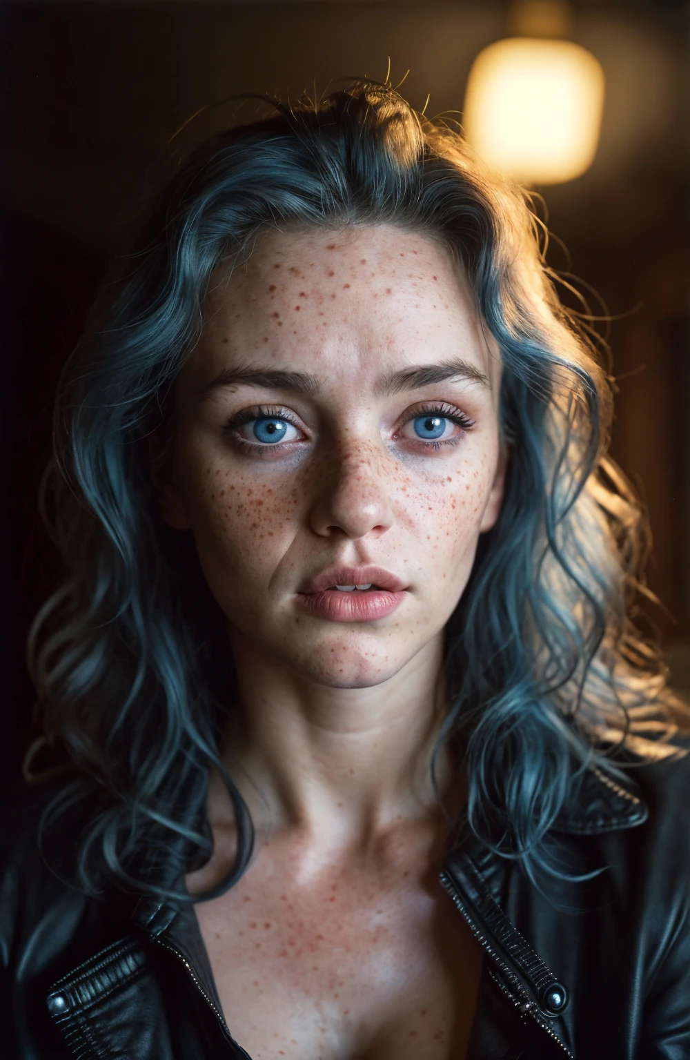 (close-up, editorial photograph of a 30 year old woman), (highly detailed face:1.4) (smile:0.7) (background inside dark, moody, private study:1.3) POV, by lee jeffries, nikon d850, film stock photograph , cowboy shot, 4 kodak portra 400 ,camera f1.6 lens ,rich colors , albino, hyper realistic ,lifelike texture, dramatic lighting , cinestill 800, wavy hair, messy hair, curls, serious, blue hair, freckles, blue eyes, white skin, cleavage, sexy, androgynous, griffith, black jacket, Selfie