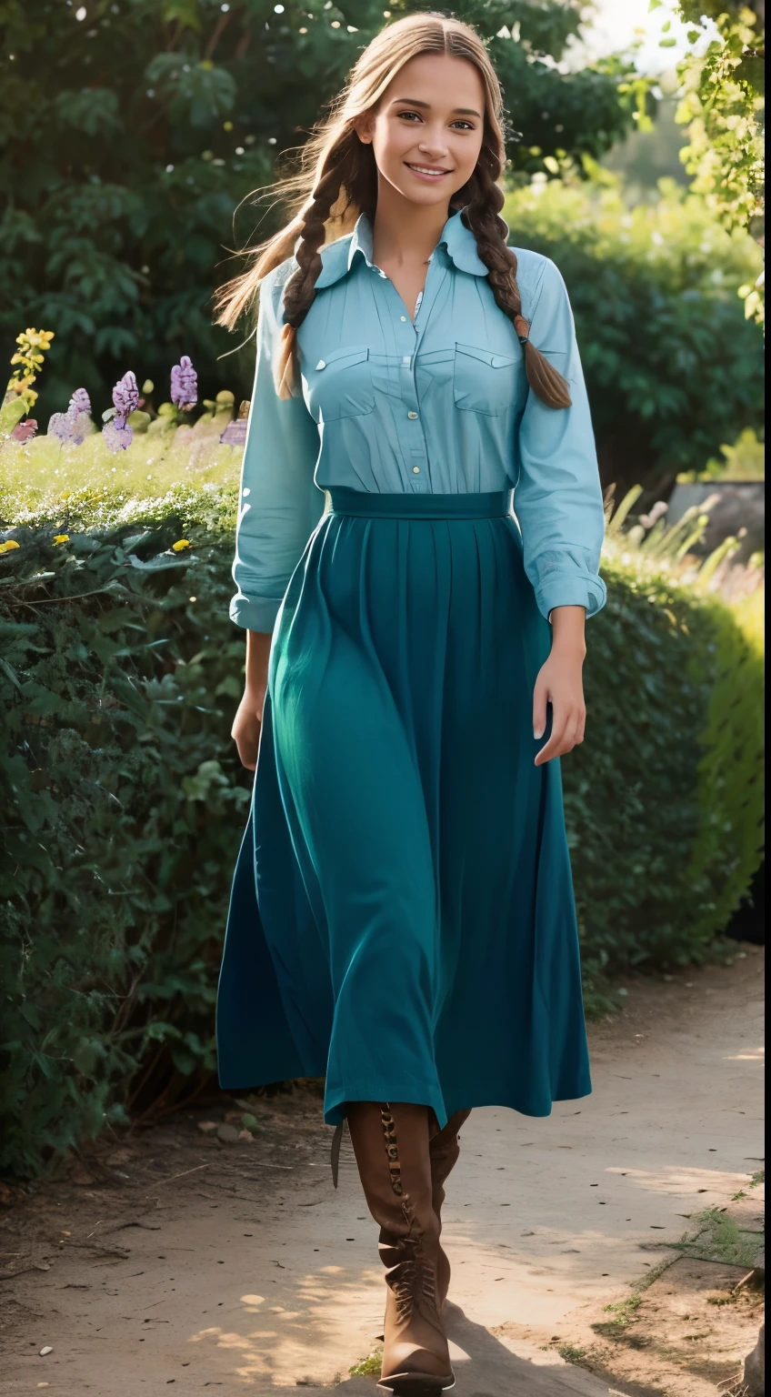 Foto hiperrealista en primer plano de Alicia Vikander, masterpiece, best quality, (photorealistic:1.4), full body, blue buttoned flannel shirt:1.1) and (green cotton maxi maxi skirt:1.1), (boots:1.2), garden cinematic light, beautiful woman, skinny, medium  breasts, two braids dark blond hair, detailed face, smile, facing the camera, photo taken from a distance, age of 20 years old,
