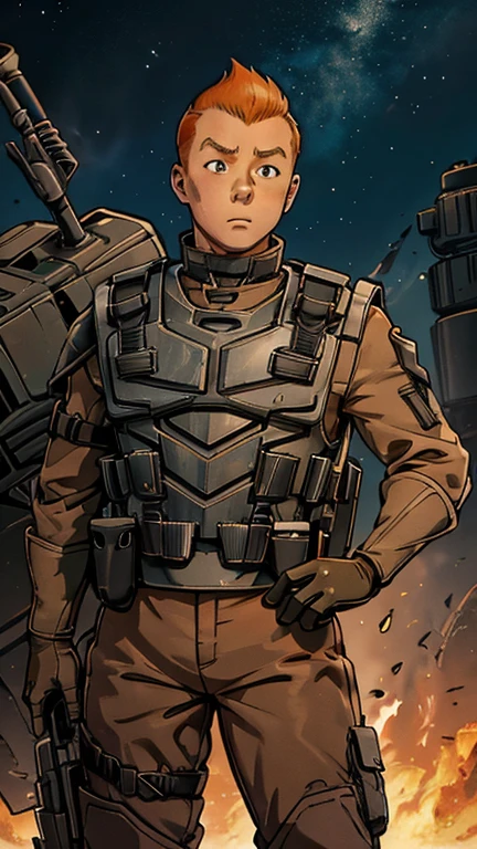 (Teens:1man: Tintin), (extremely detailed CG unit 8k wallpaper),(master part), (best quality), (ultra detali), (best illustration),(starship troopers armor), cowboy shot, (Sharp eyeliner, ombre, detailed eyes:1),Dark midnight derelict spaceship interiors background, ,break , (gloves, armor, shoulder patch, bulletproof vest, military,, upper body, short hair, orange hair