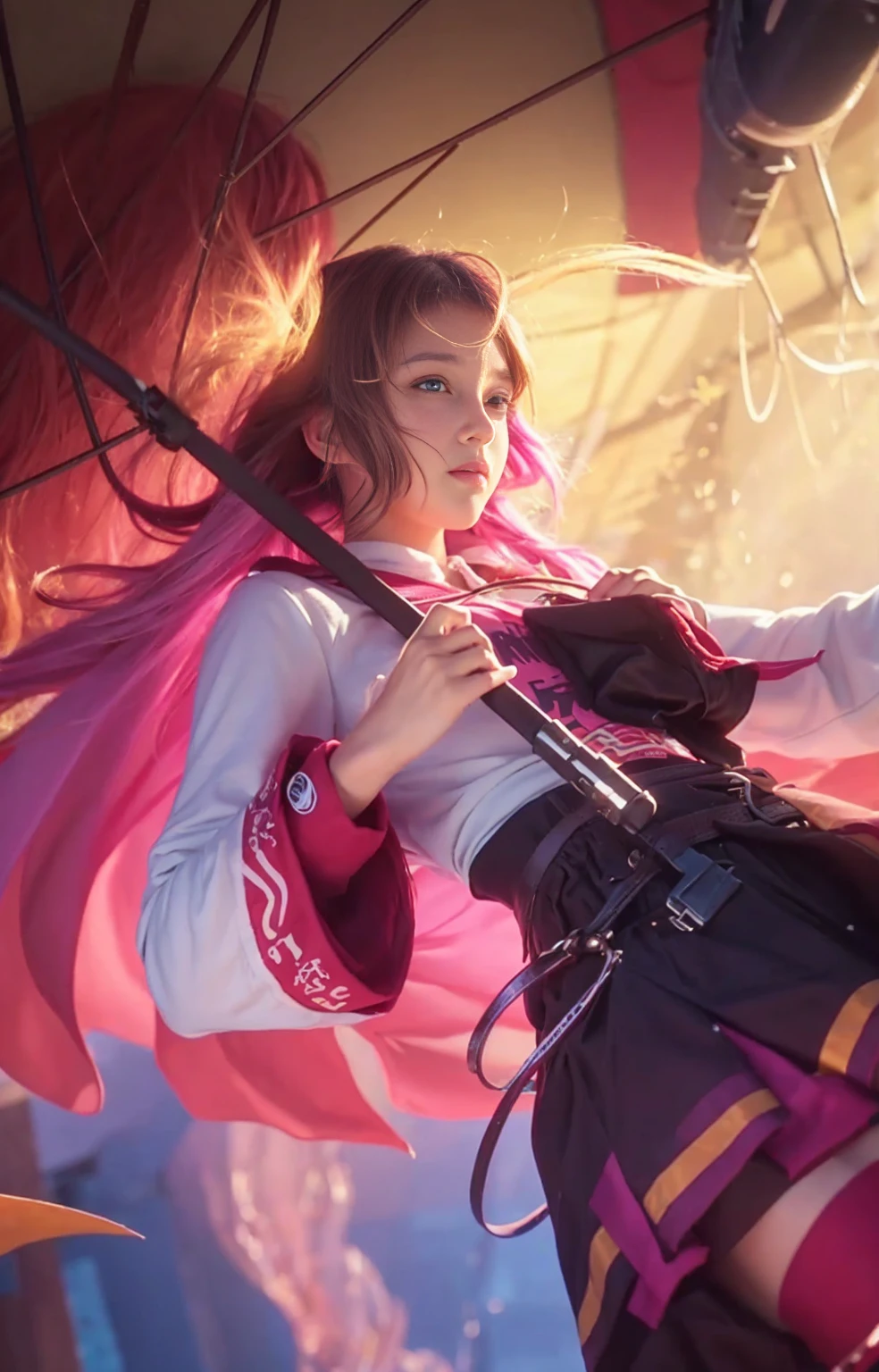 {{Teenage female, caucasian}}, looking at viewer, hazel eyes, extremely detailed, brown hair, pink clothes, bully, mean girl, tough girl, , bruises, scars, happy, best quality, high quality, extremely detailed anime screencap, full body