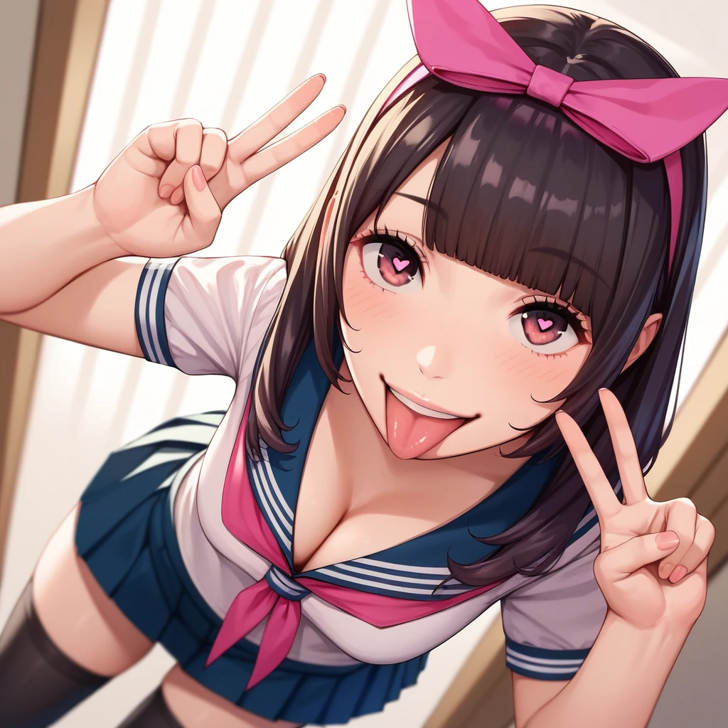 masterpiece,best quality, chitose nishina, long hair, bangs, blunt bangs, black hair, brown eyes, pink eyes,
skirt, thighhighs, navel, cleavage, , pleated skirt, hairband, serafuku, black thighhighs, black skirt, zettai ryouiki, neckerchief, bow, hair bow, shirt, looking at viewer,double peace sign,smile,happy,vacuum, ahegao, naughty smile, pubic hair,Heart eyes, ball, happy, blowjob,