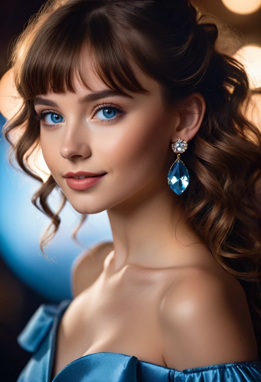 illustration, in the style of Phillip DiCordia, cinematic still portrait of a young girl aged 18, 1girl, solo, long hair, perfect lips, pretty face, cute face, posing for the camera, moody, epic, gorgeous, brown hair, crossed bangs, curly hair, blue eyes, constricted pupils, earrings, crystal earrings, seductive smile, light makeup, cinematic lighting, bust chart, wide shot, Ultra-Wide Angle, 85mm, masterpiece, highres, best quality, high details, textured skin, UHD, shallow depth of field, film grain, grainy