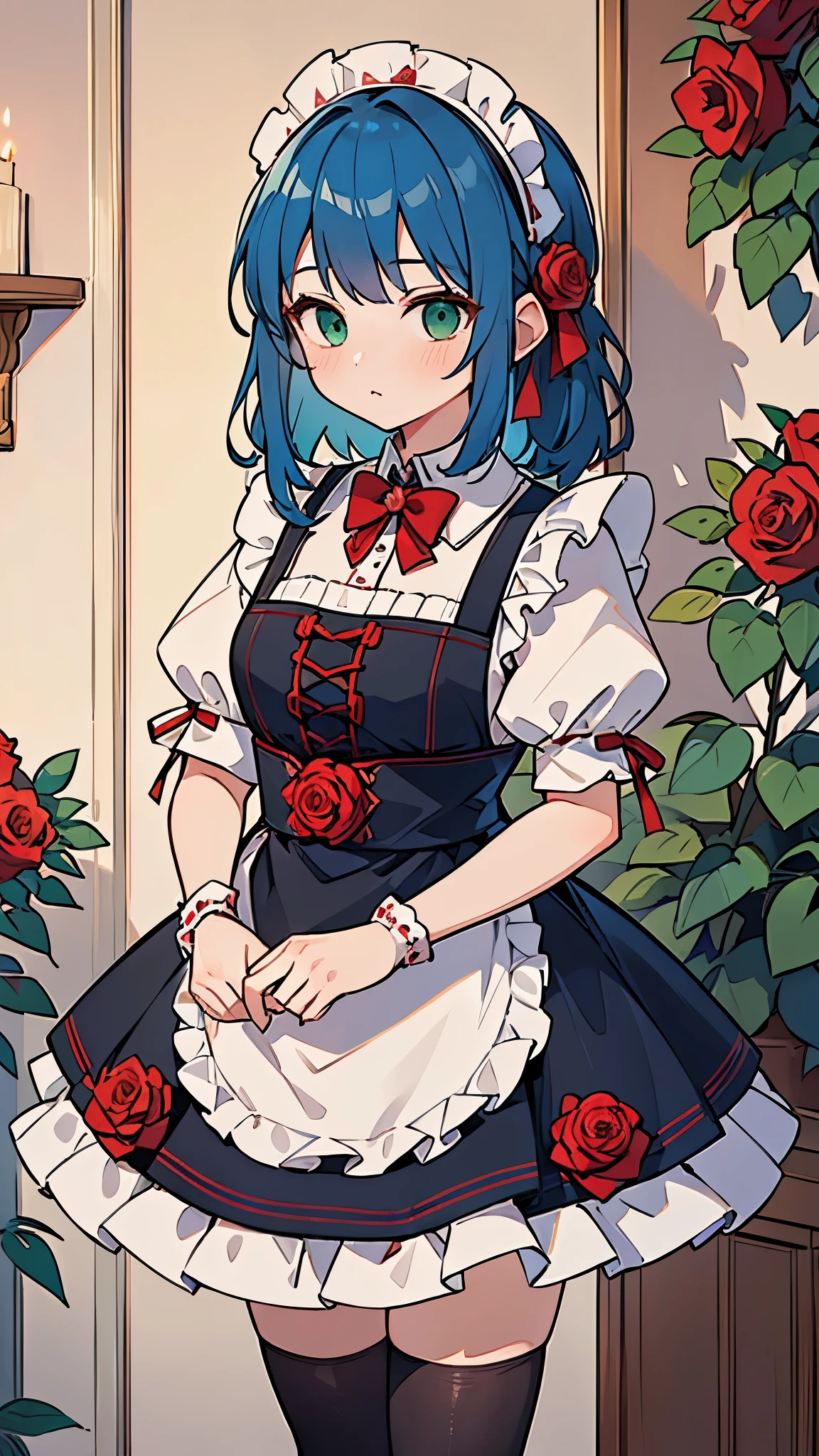 (((Highest quality))), (((masterpiece))), (((Ultra-detailed))),1 person,Blue Hair,Medium Hair,(Red roses in hair),(Rose patterned maid outfit),Green Eyes,,Black knee socks,Inside the maid café