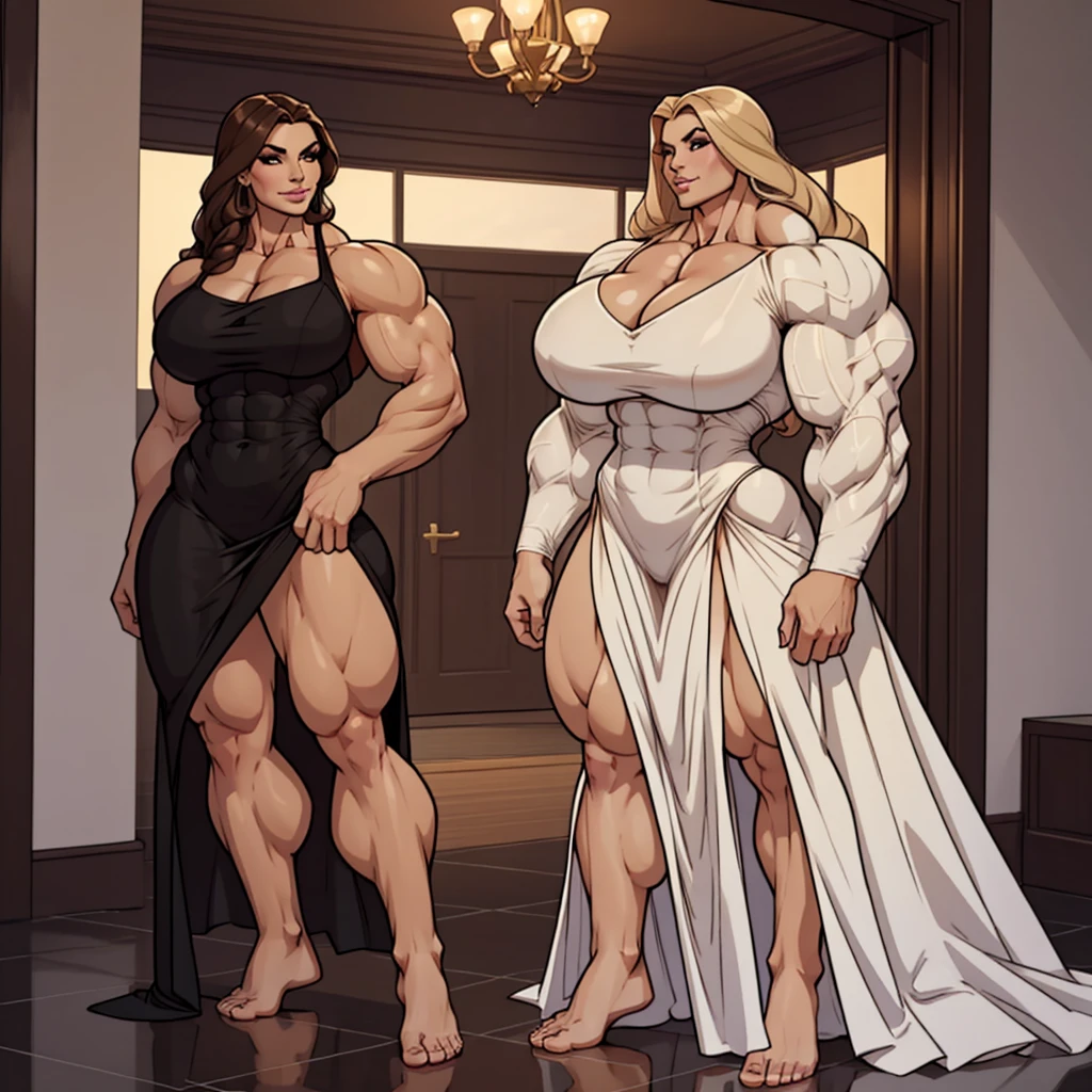 Full body view, 8ft tall female bodybuilder. Perfect and flawless muscle definition. ultra massive bulging musculature, No body fat. She wears elegant evening dress. Feminine friendly face, soft smile, pale skin, long wavy brunette hair. This 8 ft tall female bodybuilder stands next to average untrained woman