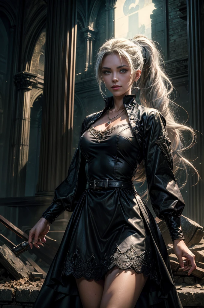 (masterpiece, best quality:1.2), cowboy shot, dynamic pose, weissvale, smile, closed mouth, looking at viewer, long white hair, side ponytail, scar above eye, scar below eye, black dress, jewelry, necklace, earrings, future_urban, indoors, standing inside old church ruins, night, stars, moon, crowd, crowd wearing military uniform, (volumetric lighting), intricate details, tonemapping, sharp focus, hyper detailed