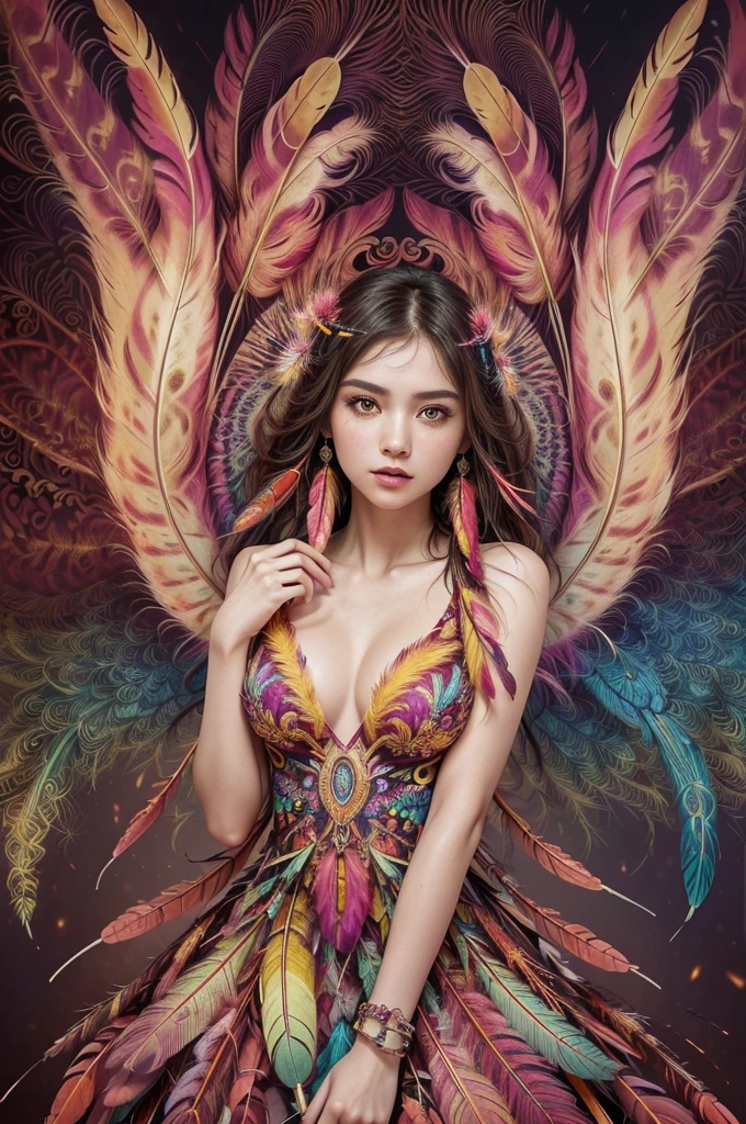 (work of art, Maximum quality, best qualityer, offcial art, beautiful and aesthetic:1.2), (1 girl:1.3), extremely detaild,(Fractal Art:1.1),(colorfully:1.1)(flowers:1.3),More Detailed,(Zentangle:1.2), (dynamic pose), (abstract background:1.3), (shining skin), (many colors:1.4), ,(aretes), (feathers:1.5) , (flame thrower:1.3),background red,phoenix dress,