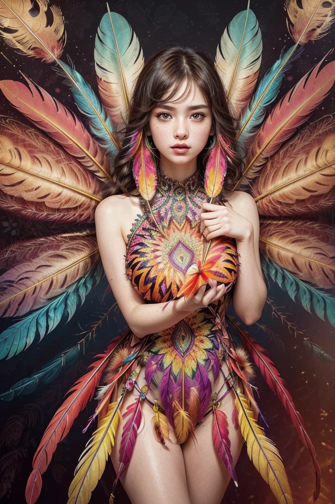 (work of art, Maximum quality, best qualityer, offcial art, beautiful and aesthetic:1.2), (1 girl:1.3), extremely detaild,(Fractal Art:1.1),(colorfully:1.1)(flowers:1.3),More Detailed,(Zentangle:1.2), (dynamic pose), (abstract background:1.3), (shining skin), (many colors:1.4), ,(aretes), (feathers:1.5) , (flame thrower:1.3),background red,phoenix dress,