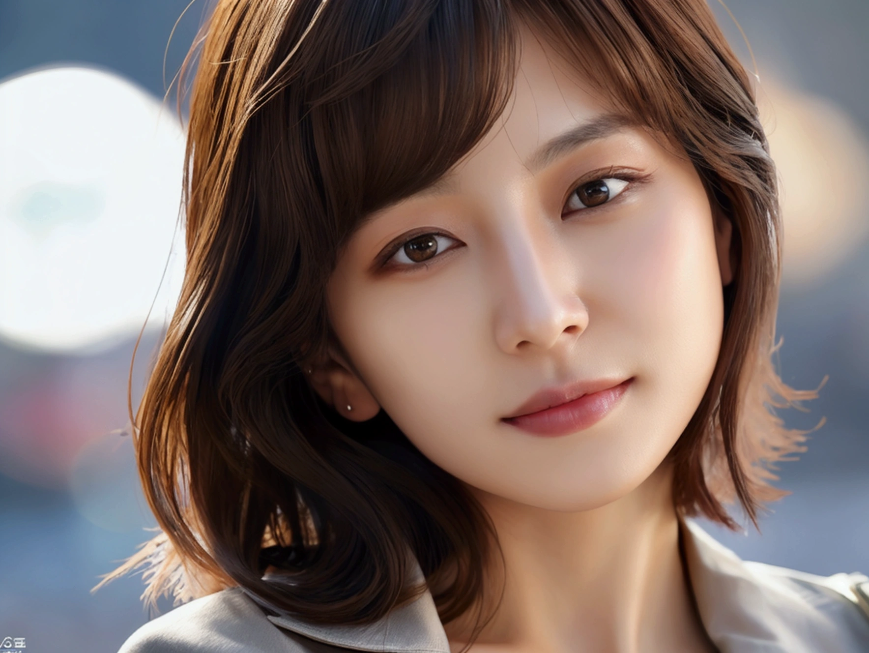 Brown-haired woman 30 years old、unclean、Lens flare、(8K、born、professional、highest quality、masterpiece:1.2)、(realistic、Photoreal:1.37)、super detailed、(best detailed skins:1.2)、(Supreme Detail Face:1.2)、movie lighting、1 female、Japanese、Short-cut brown hair、(the wind is strong)、warm white light、shy smile、Photographed from the front、((highest quality、8K、masterpiece:1.3))、beautiful woman with perfect figure:1.4、、((dark brown hair、big breasts:1.2))、Highly detailed face and skin texture、detailed eye、double eyelid、big breasts、gender Wearing a plain black down jacket Tokyo whole photo Cafe