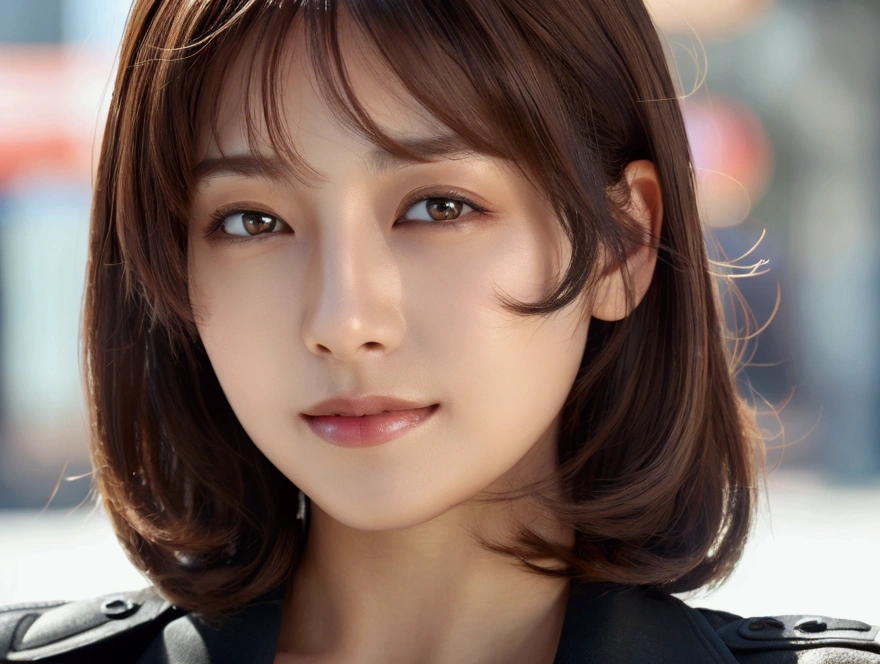 Brown-haired woman 30 years old、unclean、Lens flare、(8K、born、professional、highest quality、masterpiece:1.2)、(realistic、Photoreal:1.37)、super detailed、(best detailed skins:1.2)、(Supreme Detail Face:1.2)、movie lighting、1 female、Japanese、Short-cut brown hair、(the wind is strong)、warm white light、shy smile、Photographed from the front、((highest quality、8K、masterpiece:1.3))、beautiful woman with perfect figure:1.4、、((dark brown hair、big breasts:1.2))、Highly detailed face and skin texture、detailed eye、double eyelid、big breasts、gender Wearing a plain black down jacket Tokyo whole photo Cafe