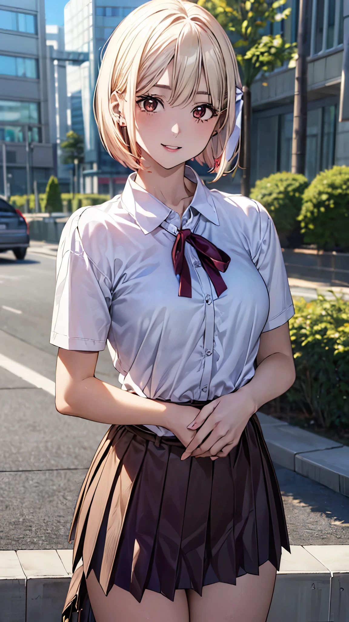 (masterpiece:1.3, top-quality, ultra high res, ultra detailed), (realistic, photorealistic:1.4), beautiful illustration, perfect lighting, colorful, depth of fields, (photograph),
beautiful detailed hair, beautiful detailed face, beautiful detailed eyes, beautiful clavicle, beautiful body, beautiful chest, beautiful thigh, beautiful legs, beautiful fingers,
looking at viewer, 1 girl, high school girl, chisato nishikigi, (perfect anatomy, anatomically correct, super detailed skin), perfect face, parfect eyes, cute and symmetrical face, babyface,
(short hair, one side up, bob cut, blonde hair), bangs, redeyes, slant eyes, big eyes, long eye lasher, (medium breasts, seductive thighs), slender, white skin, shiny skin,
(hair ribbon, short sleeves white collared shirt, belt, neck ribbon, red pleated skirt),
(beautiful scenery), morning, (riverside:1.2, cityscape in the distance), standing, (lovery smile, upper eyes, parted lips),