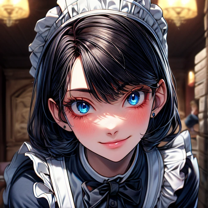1girl, mature female, adult women, in a renaissance kitchen, kitchen objects, bread, flour dust, etc, {{{dark brown hair}}}, {{{blue eyes}}}, {{maids dress}} black and white clothes, maid head cap, small smile, {best quality}, {highres masterpiece.}, 16k {{{medium close up}}}, {facing viewer}