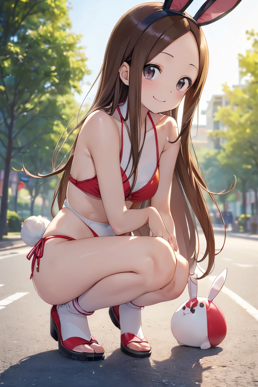 (1girl)(master detailed anime)(master quality)(RAW Photos))(8K)(Realistic, photo Realistic:1.2), ((Highest quality))(Ms. Takagi who is good at teasing)(takagi-san)(naked)(A bewitching beauty with a real human body,Perfect Anatomy(Black Hair)(shine eyes)(Detailed eyes)(Detailed eyes)(smile)(Perfect body line)(Poolside)(bikini)(bunny hears)(red bikini)(small tits)(camel toe)(white bunny), (front view)(full body shoot