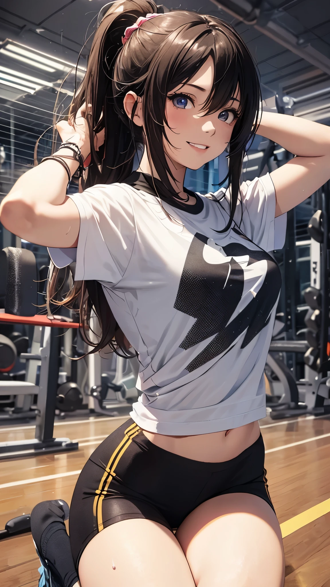 (highest quality,4K,8K,High resolution,table top:1.2), Super detailed, (realistic,photorealistic,photo-realistic:1.37), ,beautiful girl,((full body)),((sweat)),((left arms up)),((jump)),,(grin and laugh),((caramel hair color)),((medium long hair)),((ponytail hairstyle)), ((messy hair)),((T-shirt and black leggings)), ((off-shoulder design T-shirt)),((long length T-shirt)),((dancing in the gym)),((loose Socks)),((loose socks)),(sneakers),espadrilles,beautiful and detailed eyes, beautiful detailed lips, highly detailed eyes and face, long eyelashes, realistic anime 3D style, Smooth anime CG art, Digital rendering by Makoto Shinkai, Moe anime art style, photorealistic rendering of an anime girl, Shinkai Makoto style, Cute anime girl visuals, realistic young anime girl, girl fan art, Created by Anime Artist'studio of.