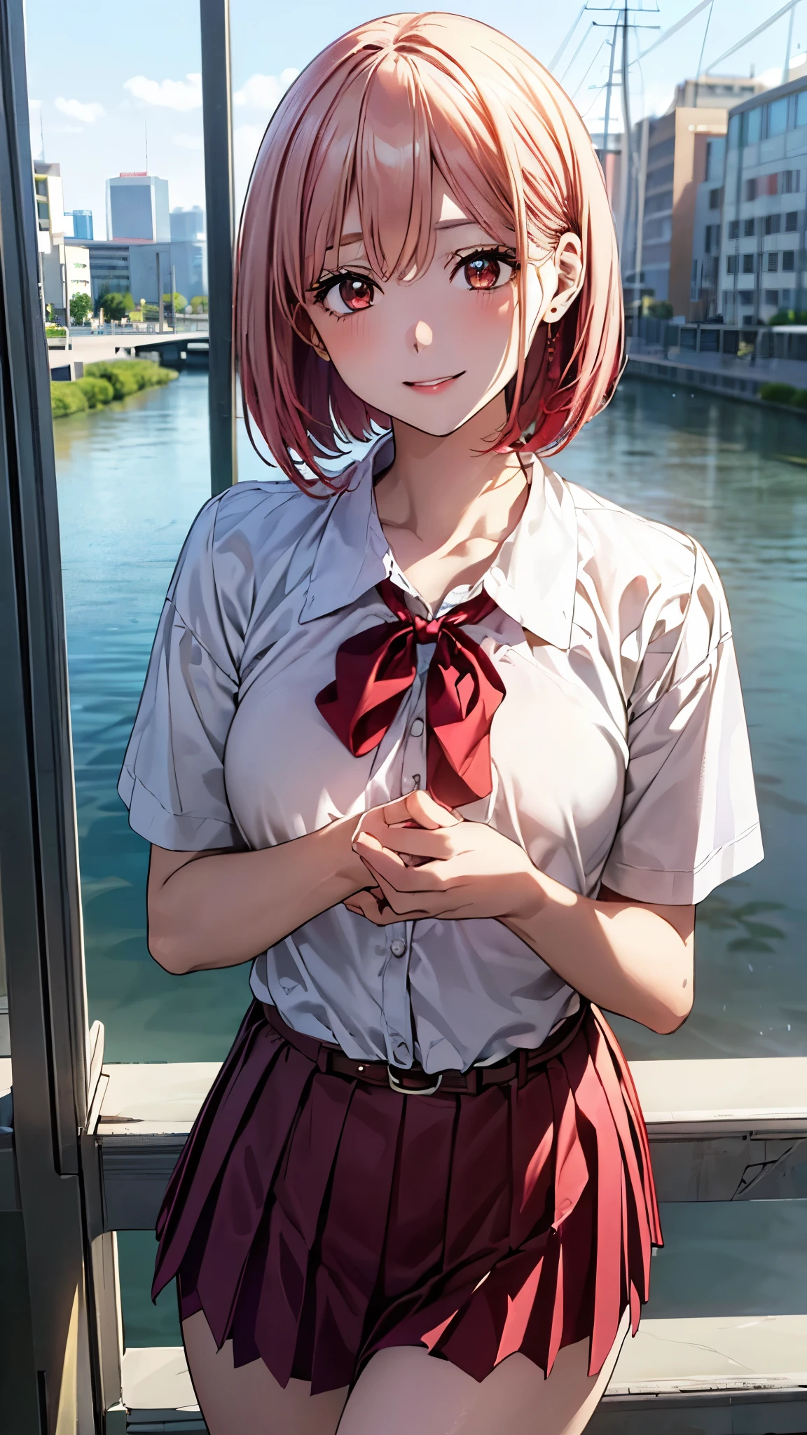 (masterpiece:1.3, top-quality, ultra high res, ultra detailed), (realistic, photorealistic:1.4), beautiful illustration, perfect lighting, colorful, depth of fields, (photograph),
beautiful detailed hair, beautiful detailed face, beautiful detailed eyes, beautiful clavicle, beautiful body, beautiful chest, beautiful thigh, beautiful legs, beautiful fingers,
looking at viewer, 1 girl, high school girl, chisato nishikigi, (perfect anatomy, anatomically correct, super detailed skin), perfect face, parfect eyes, cute and symmetrical face, babyface,
(short hair, one side up, bob cut, blonde hair), bangs, redeyes, slant eyes, big eyes, long eye lasher, (medium breasts, seductive thighs), slender, white skin, shiny skin,
(red hair ribbon, short sleeves white collared shirt, belt, neck ribbon, red pleated skirt),
(beautiful scenery), morning, (riverside:1.2, cityscape in the distance), standing, (lovery smile, upper eyes, parted lips),