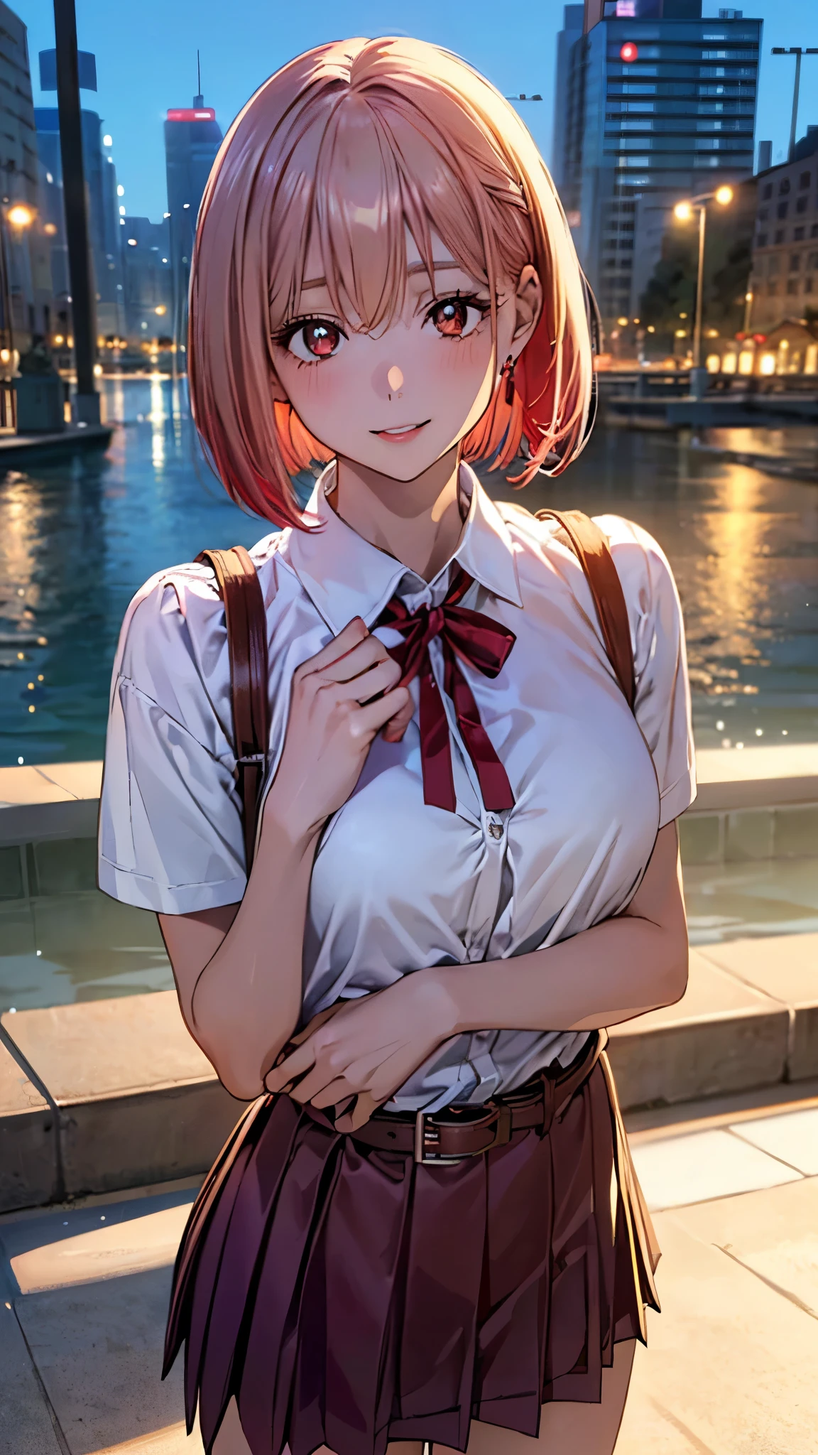 (masterpiece:1.3, top-quality, ultra high res, ultra detailed), (realistic, photorealistic:1.4), beautiful illustration, perfect lighting, colorful, depth of fields, (photograph),
beautiful detailed hair, beautiful detailed face, beautiful detailed eyes, beautiful clavicle, beautiful body, beautiful chest, beautiful thigh, beautiful legs, beautiful fingers,
looking at viewer, 1 girl, high school girl, chisato nishikigi, (perfect anatomy, anatomically correct, super detailed skin), perfect face, parfect eyes, cute and symmetrical face, face,
(short hair, one side up, bob cut, blonde hair), bangs, redeyes, slant eyes, big eyes, long eye lasher, (medium breasts, seductive thighs), slender, white skin, shiny skin,
(red hair ribbon, short sleeves white collared shirt, belt, neck ribbon, red pleated skirt),
(beautiful scenery), morning, (riverside:1.2, cityscape in the distance), standing, (lovery smile, upper eyes, parted lips),