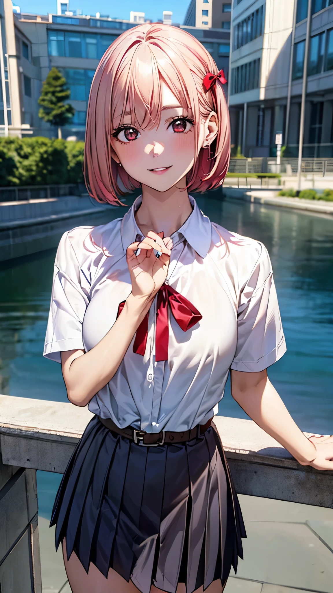 (masterpiece:1.3, top-quality, ultra high res, ultra detailed), (realistic, photorealistic:1.4), beautiful illustration, perfect lighting, colorful, depth of fields, (photograph),
beautiful detailed hair, beautiful detailed face, beautiful detailed eyes, beautiful clavicle, beautiful body, beautiful chest, beautiful thigh, beautiful legs, beautiful fingers,
looking at viewer, 1 girl, high school girl, chisato nishikigi, (perfect anatomy, anatomically correct, super detailed skin), perfect face, parfect eyes, cute and symmetrical face, babyface,
(short hair, one side up, bob cut, blonde hair), bangs, redeyes, slant eyes, big eyes, long eye lasher, (medium breasts, seductive thighs), slender, white skin, shiny skin,
(red hair ribbon, short sleeves white collared shirt, belt, neck ribbon, red pleated skirt),
(beautiful scenery), morning, (riverside:1.2, cityscape in the distance), standing, (lovery smile, upper eyes, parted lips),