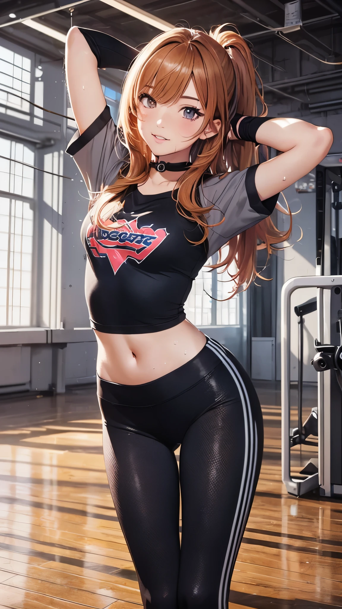 (highest quality,4K,8K,High resolution,table top:1.2), Super detailed, (realistic,photorealistic,photo-realistic:1.37), ,beautiful girl,((full body)),((sweat)),((left arms up)),((jump)),,(grin and laugh),((caramel hair color)),((medium long hair)),((ponytail hairstyle)), ((messy hair)),((T-shirt and black leggings)), ((off-shoulder design T-shirt)),((long length T-shirt)),((dancing in the gym)),((loose Socks over leggings)),((loose socks over leggings)),(sneakers),espadrilles,beautiful and detailed eyes, beautiful detailed lips, highly detailed eyes and face, long eyelashes, realistic anime 3D style, Smooth anime CG art, Digital rendering by Makoto Shinkai, Moe anime art style, photorealistic rendering of an anime girl, Shinkai Makoto style, Cute anime girl visuals, realistic young anime girl, girl fan art, Created by Anime Artist'studio of.
