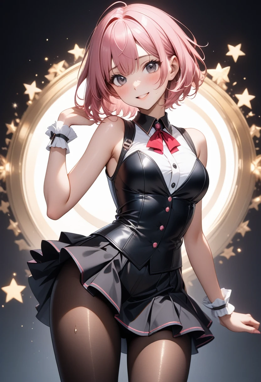 (((Female idols, idol costumes, skirt, pantyhose))), (Highly lustrous clothing), skindentation, skinny, solo, 1 woman, Masterpiece, highest quality, highest quality, 16K, incredibly absurd, highly detailed, 2.5D, ai-generated, delicate and dynamic, very delicate facial expressions, delicate eye depiction, erotic, only sexy woman, ((A cute and kind face)), healthy figure, ((25-year-old woman)), 160cm tall, ((medium firm swaying bust)), medium breasts, (short hair), (pink hair:1.5), bob cut, black eye, blush, Sweat,Embarrassed,sexy, ((thin thighs)), (Erect nipples,:0.5), shiny and lustrous, facing straight at viewer, smile, ((Oily_skin)), dark skin, ((standing)), ((arm at side)), ((erotic pose)),