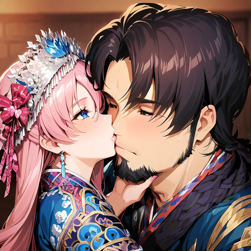 ((Highest quality)), ((masterpiece)), (detailed), （Perfect Face）、The woman is Lacus Clyne, with blue eyes, semi-long pink hair, and is wearing a gorgeous national costume and a gorgeous headdress.、She kisses her husband, a dignified, bearded, middle-aged emperor, has sex with him, and makes love to him.