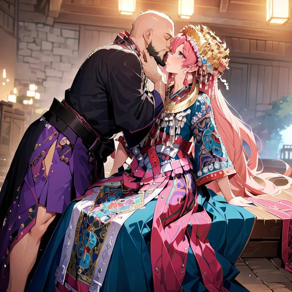 ((Highest quality)), ((masterpiece)), (detailed), （Perfect Face）、The woman is Lacus Clyne, with blue eyes, semi-long pink hair, and is wearing a gorgeous national costume and a gorgeous headdress.、She kisses her husband, a dignified, bearded, middle-aged emperor, has sex with him, and makes love to him.