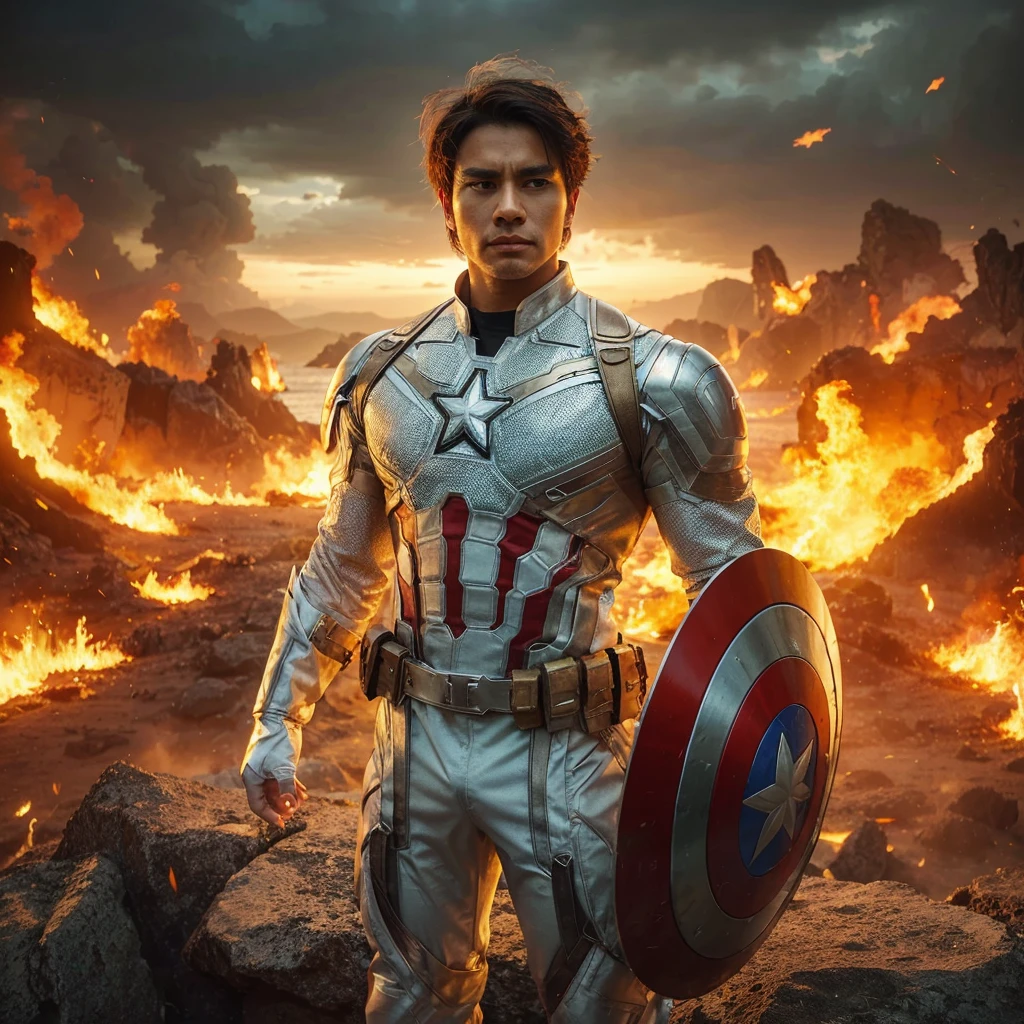 Captain America, clad in a white, yellow, and silver costume, stands atop a rock. He is a handsome 30-year-old Indonesian man with layered hair, gripping a shield. The background is a fiery field in a futuristic world