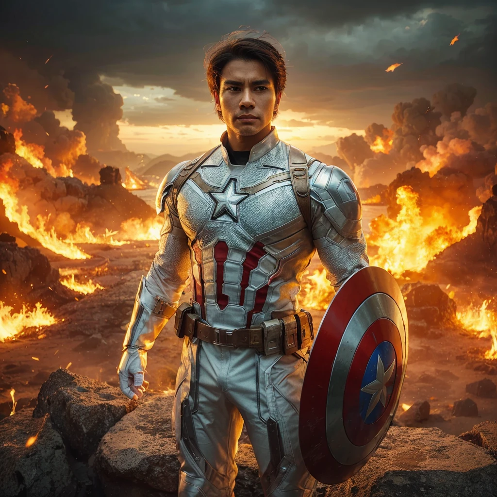 Captain America, clad in a white, yellow, and silver costume, stands atop a rock. He is a handsome 30-year-old Indonesian man with layered hair, gripping a shield. The background is a fiery field in a futuristic world