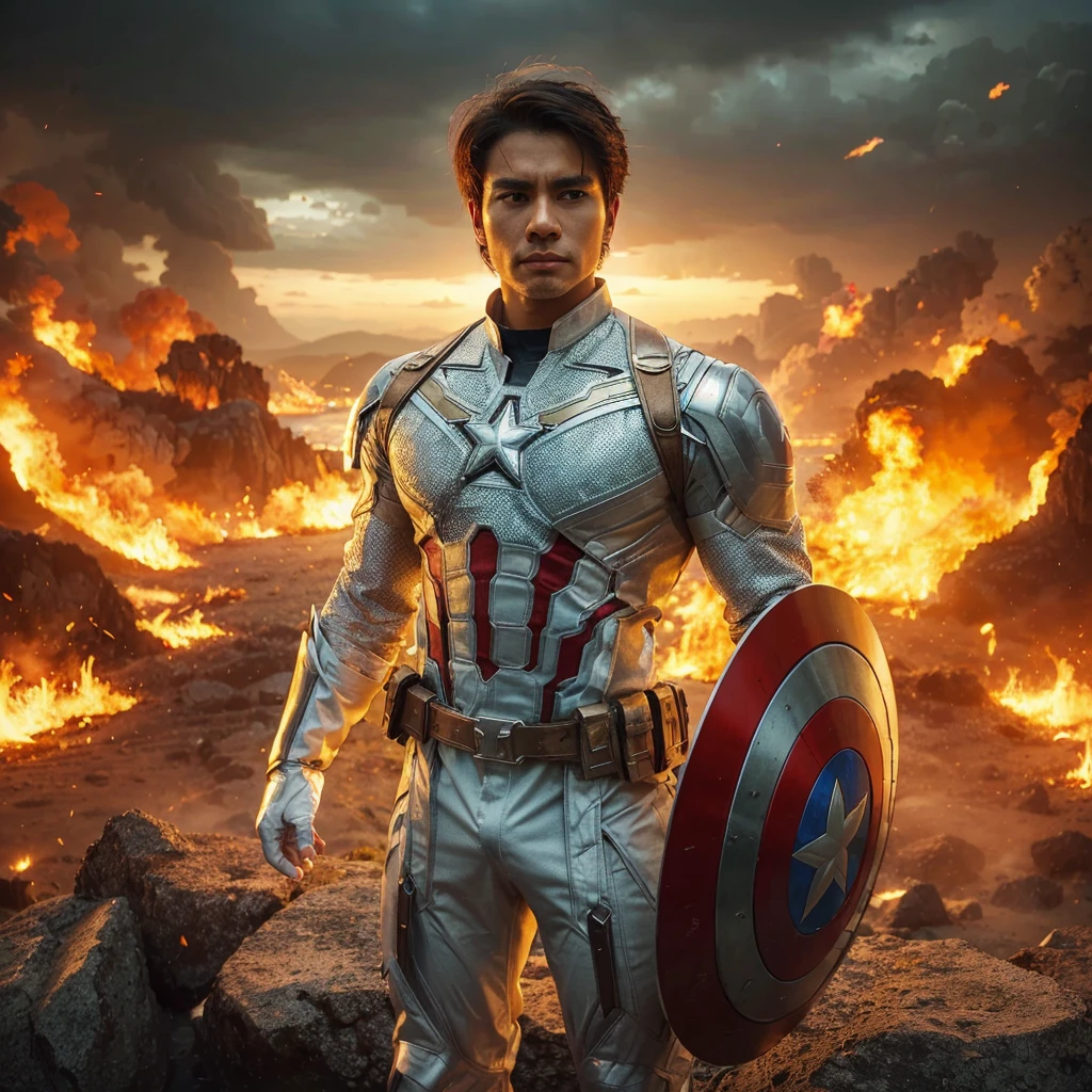 Captain America, clad in a white, yellow, and silver costume, stands atop a rock. He is a handsome 30-year-old Indonesian man with layered hair, gripping a shield. The background is a fiery field in a futuristic world