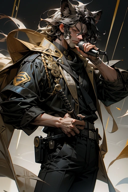 Lion,male,vocal,cool,Police Officer,holding a microphone,Visual Kei,masterpiece,best quality,super fine illustration,