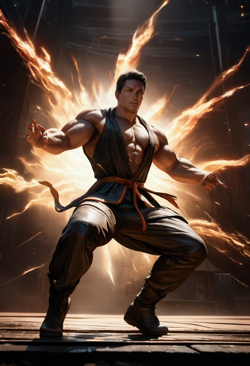 mid-angle shoot, side-angle view, fish-eye effect, a big muscular body Chinese young man, buzz-cut hair, wearing a grey yukata pants, dark style, barefoot, shawl cloth floating, wearing thunder gauntlets, clashing fist, a yellow-black lightning effects, a black smoke evaporates from his body, spinning attack pose on a rock, fire sparks effect, flying debris, focus on detailed eyes,super detailed,realistic, HDR, background the forest view and a rocky river, white lighting.
