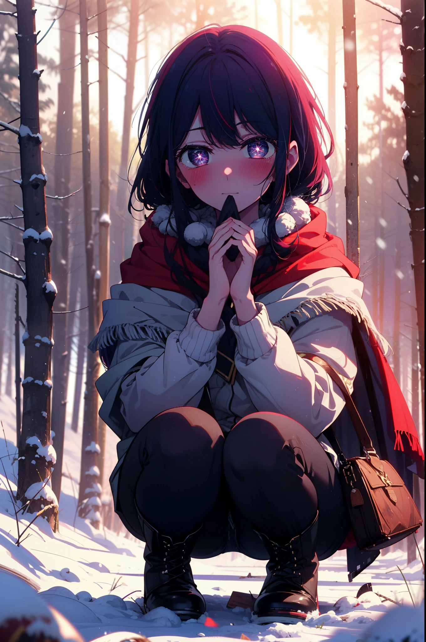 aihoshino, Ai Hoshino, Long Hair, bangs, (Purple eyes:1.1), Purple Hair, (Symbol-shaped pupil:1.5), smile,,smile,blush,white breath,
Open your mouth,snow,Ground bonfire, Outdoor, boots, snowing, From the side, wood, suitcase, Cape, Blurred, , forest, White handbag, nature, Squat, Mouth closed, Cape, winter, Written boundary depth, Black shoes, red Cape break looking at viewer, Upper Body, whole body, break Outdoor, forest, nature, break (masterpiece:1.2), Highest quality, High resolution, unity 8k wallpaper, (shape:0.8), (Beautiful and beautiful eyes:1.6), Highly detailed face, Perfect lighting, Highly detailed CG, (Perfect hands, Perfect Anatomy),