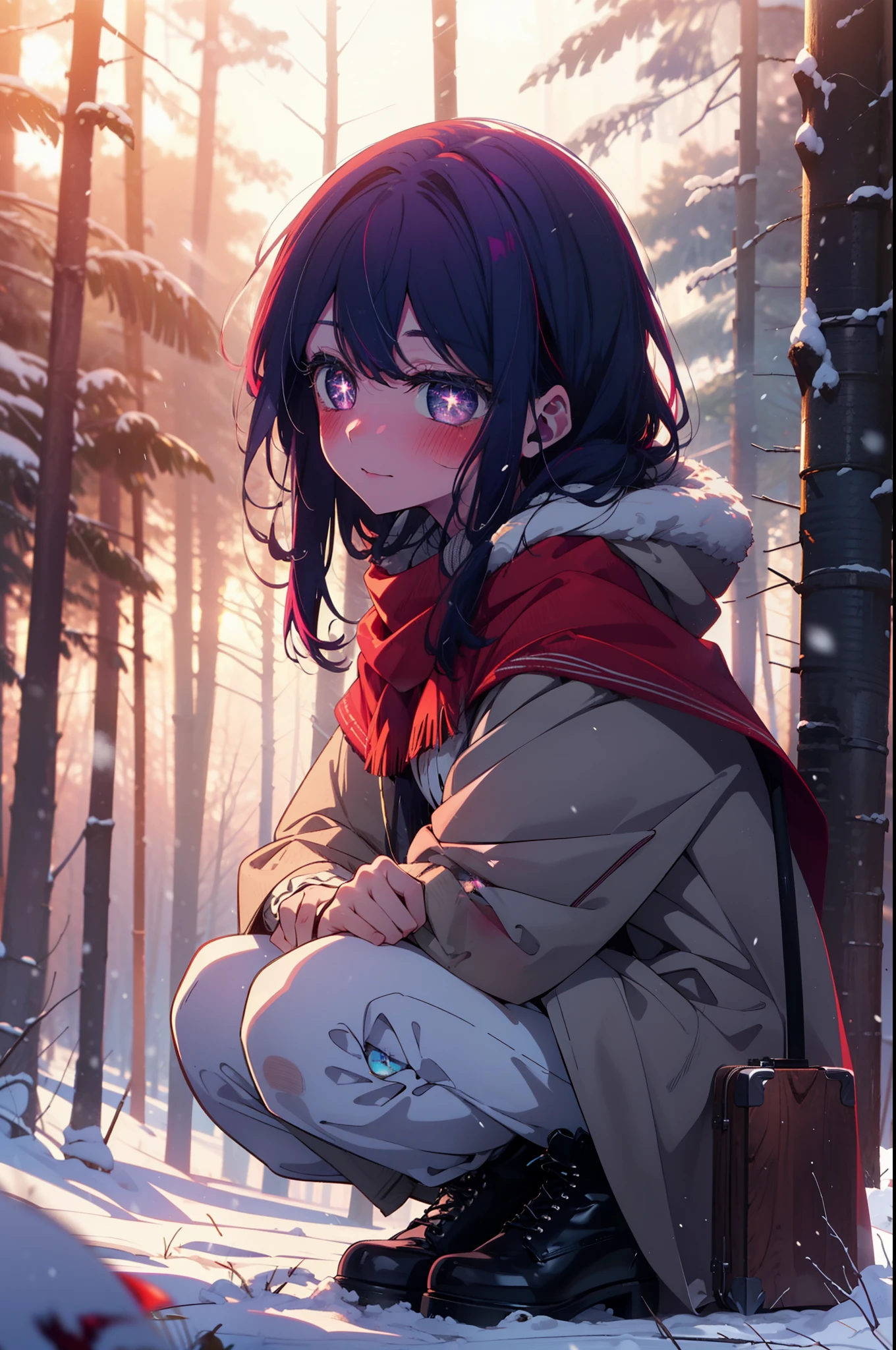 aihoshino, Ai Hoshino, Long Hair, bangs, (Purple eyes:1.1), Purple Hair, (Symbol-shaped pupil:1.5), smile,,smile,blush,white breath,
Open your mouth,snow,Ground bonfire, Outdoor, boots, snowing, From the side, wood, suitcase, Cape, Blurred, , forest, White handbag, nature,  Squat, Mouth closed, Cape, winter, Written boundary depth, Black shoes, red Cape break looking at viewer, Upper Body, whole body, break Outdoor, forest, nature, break (masterpiece:1.2), Highest quality, High resolution, unity 8k wallpaper, (shape:0.8), (Beautiful and beautiful eyes:1.6), Highly detailed face, Perfect lighting, Highly detailed CG, (Perfect hands, Perfect Anatomy),