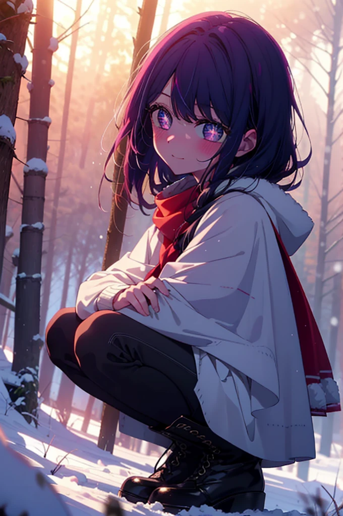 aihoshino, Ai Hoshino, Long Hair, bangs, (Purple eyes:1.1), Purple Hair, (Symbol-shaped pupil:1.5), smile,,smile,blush,white breath,
Open your mouth,snow,Ground bonfire, Outdoor, boots, snowing, From the side, wood, suitcase, Cape, Blurred, , forest, White handbag, nature, Squat, Mouth closed, Cape, winter, Written boundary depth, Black shoes, red Cape break looking at viewer, Upper Body, whole body, break Outdoor, forest, nature, break (masterpiece:1.2), Highest quality, High resolution, unity 8k wallpaper, (shape:0.8), (Beautiful and beautiful eyes:1.6), Highly detailed face, Perfect lighting, Highly detailed CG, (Perfect hands, Perfect Anatomy),